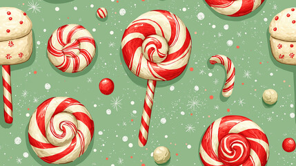 Illustrate a repeating pattern of candy canes, lollipops, and peppermint swirls, creating a sweet and festive holiday treat