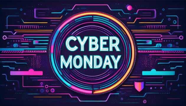 Cyber monday colorful neon-style artwork for promotional sales, marketing banner, poster creation, and flyer layout template