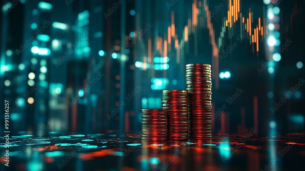 Poster double exposure of coins stack with graph chart and night cityscape economic business financial and 
