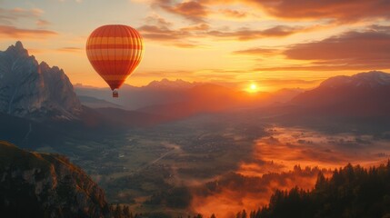 Obraz premium Hot air balloon over majestic landscape during a vibrant sunset.