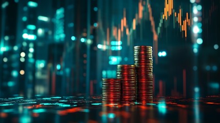 Double exposure of coins stack with graph chart and night cityscape Economic business financial and stock market growth concept : Generative AI