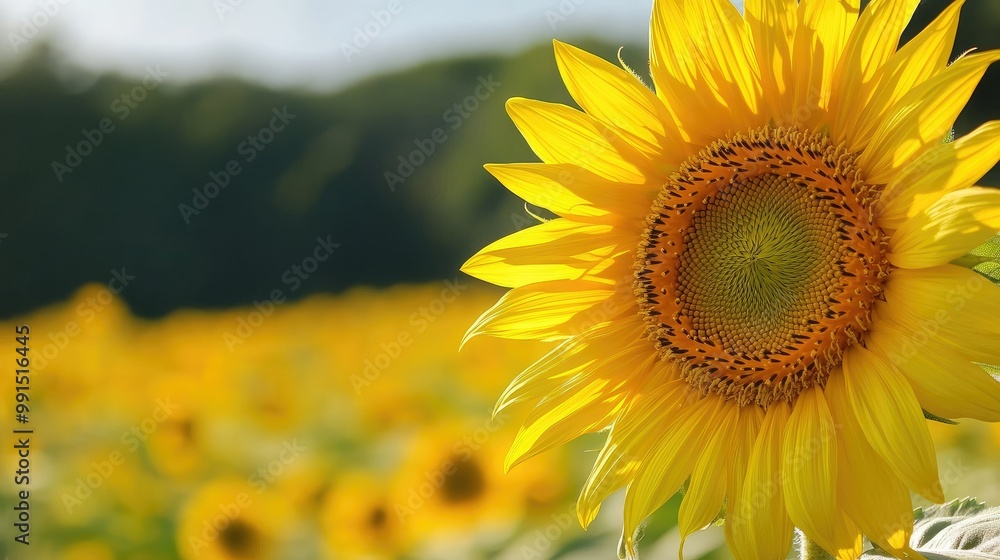 Poster close-up of a sunflower with a blurred field background, offering a large clean space on the right s