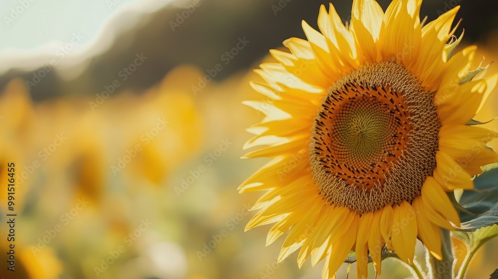 Poster close-up of a sunflower with a blurred field background, offering a large clean space on the right s