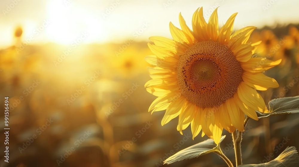 Poster close-up of a sunflower with a blurred field background, offering a large clean space on the right s