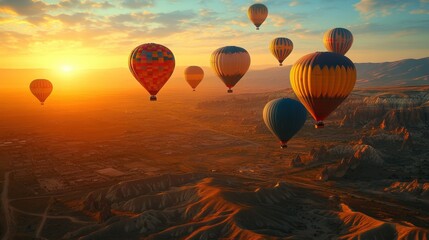 Naklejka premium Colorful hot air balloons flying in the golden sunrise over scenic valleys.