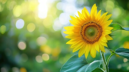 Close-up of a sunflower with a blurred garden background, creating ample space on the left side for text or promotional material.
