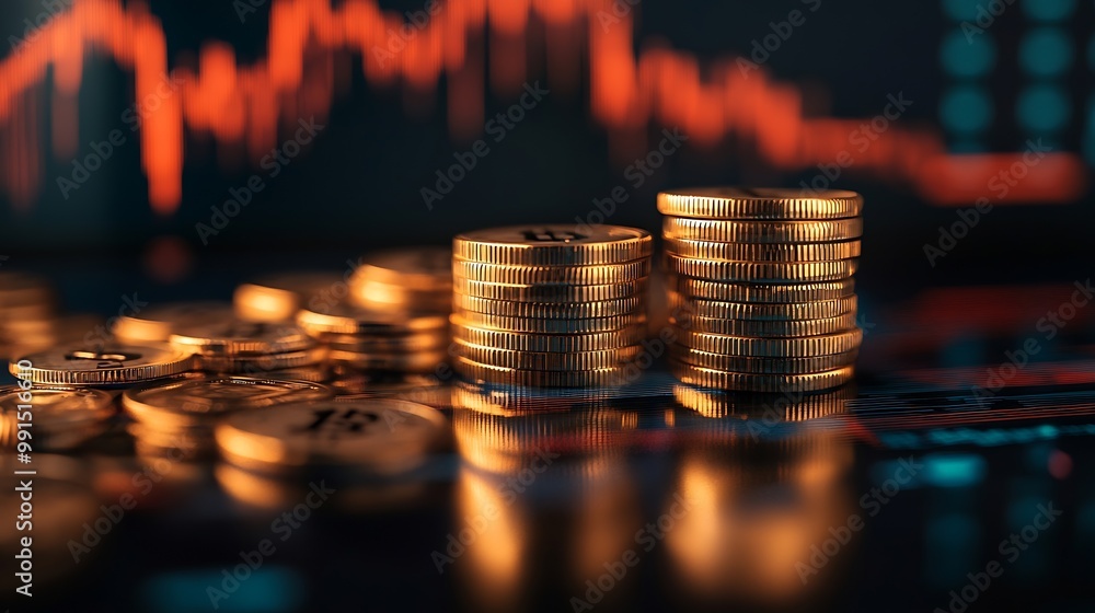 Aufkleber pile of money coin with trading graph financial investment background : generative ai