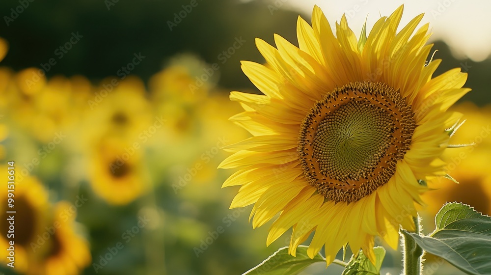 Poster close-up of a sunflower with a field of blooms in the background, creating ample copy space on the r