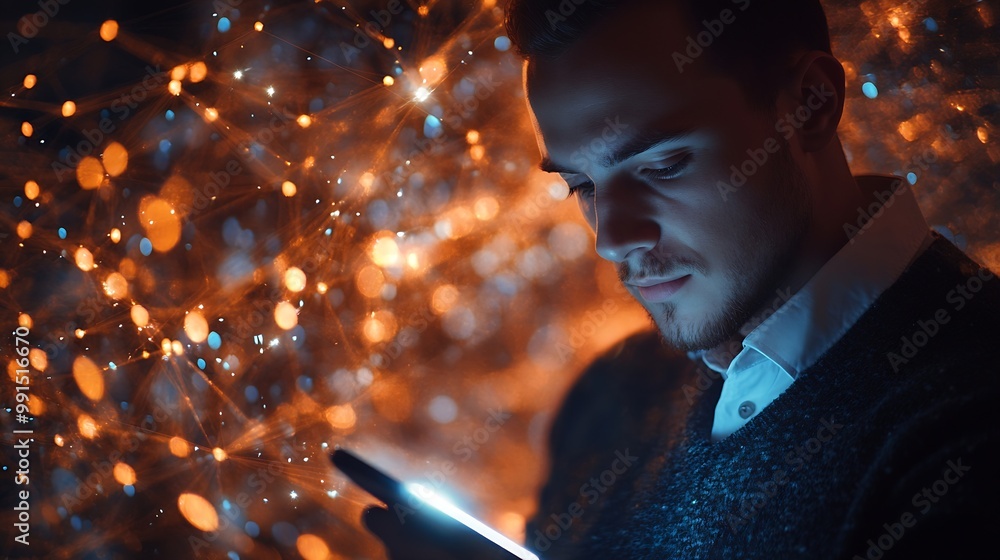 Poster Man using mobile smart phone with global network connection Technology innovative and communication concept : Generative AI