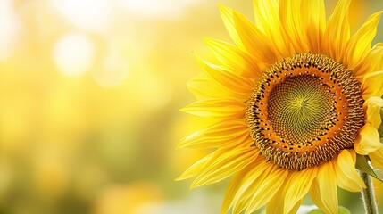 Fototapeta premium Close-up of a sunflower with a soft-focus field background, leaving ample copy space on the right for promotional text.
