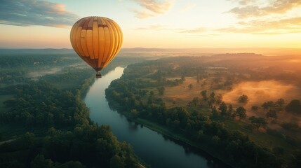 Aerial view of a colorful hot air balloon flying over a serene river at sunrise.