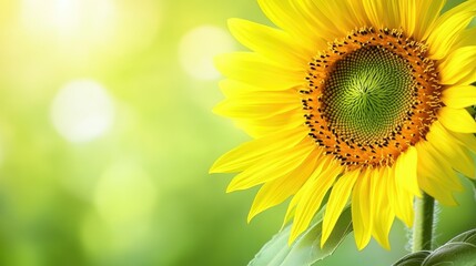 Obraz premium Close-up of a sunflower with its vibrant petals and a soft-focus green background, leaving plenty of space on the left for advertising.
