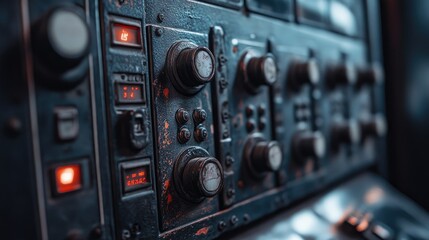 Fototapeta premium Close-up of a switchboard with various controls, leaving space for text on the right side.