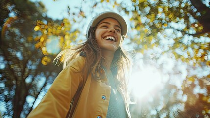 A woman wearing a casual outfit, smiling while practicing tricks on her skateboard in a sunny park. 