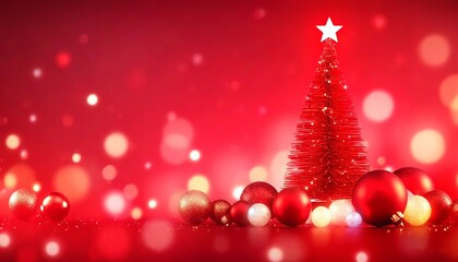 Red Christmas Tree with White Star and Baubles Glowing Softly in a Festive Bokeh Background, Accented with Glittering Red in a Warm, Wintry Scene. Made with Generative AI Technology