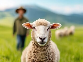 Fototapeta premium Local shepherd herding sheep through a picturesque meadow, Shepherd, Pastoral scene