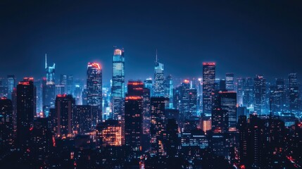 Fototapeta premium A panoramic view of a city skyline at night, with illuminated skyscrapers creating a dazzling display against the dark sky, symbolizing urban vibrancy.
