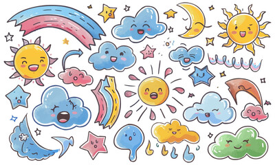 A cartoon set of clouds, suns, and moons, each with a smile or angry face. Hand drawn doodle sketches. Rainbow, wind, and tornado doodle characters