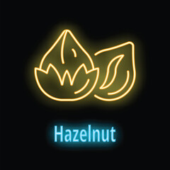 Bright yellow neon sign depicting hazelnut with leaves, glowing on black background