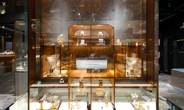 Elegant jewelry exhibition stand with three display cabinets, a white and black color scheme, a glass case for watches, a lightbox in the center of an empty room