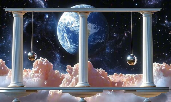 Surreal columns with pendulums in a cosmic landscape featuring Earth, imaginative mood, dreamlike art