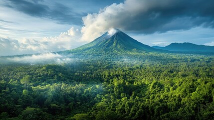 Fototapeta premium A panoramic view of a volcano in the distance, surrounded by lush green forests, with smoke rising from its crater, highlighting the contrast between beauty and danger.