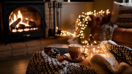 Obraz premium Cozy Living Room with Fireplace, Wool Blankets, and Hot Chocolate