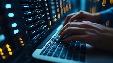 Computer engineer working on laptop computer with server room data center big data storage as backgrounds digital technology database IT support telecommunication internet network tech : Generative AI