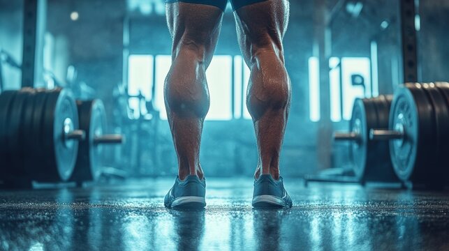 Muscular legs in gym, standing in front of heavy weights, dimly lit atmosphere.