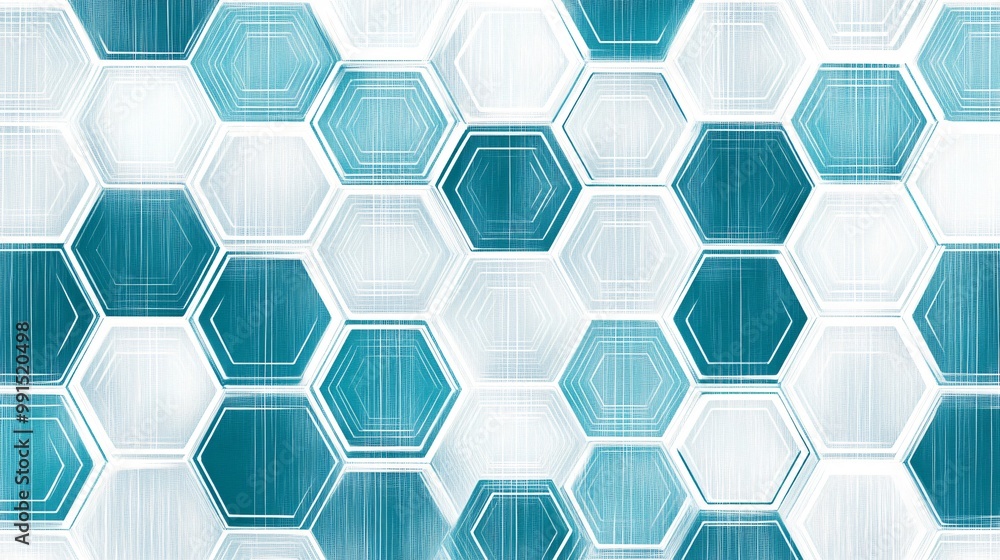 Poster abstract hexagonal pattern in blue and white.