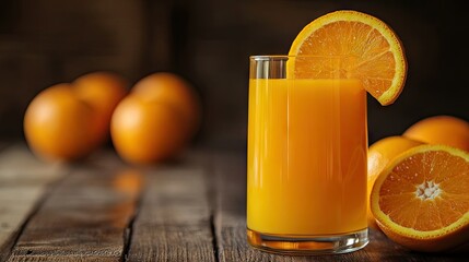 Close-up of a vibrant glass of orange juice with a slice of orange on the rim, placed on a wooden breakfast table with a few oranges.