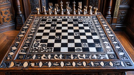 Antique wooden chessboard with intricate carvings and chess pieces on a dark wooden table.