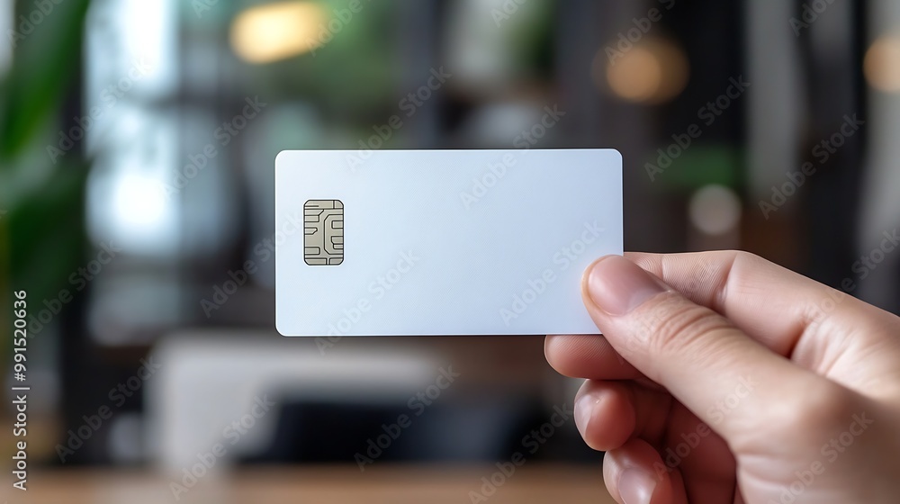 Poster hand holding blank white credit card mockup with rounded corners plain creditcard mock up template w