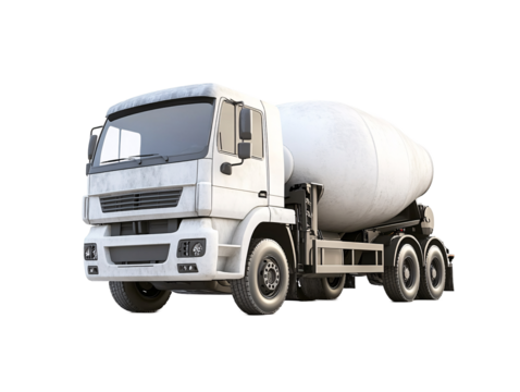 a white truck with a large cement mixer