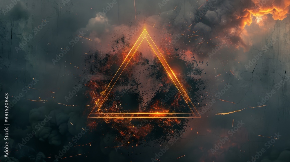 Poster a triangle with flames on it is shown in a dark background