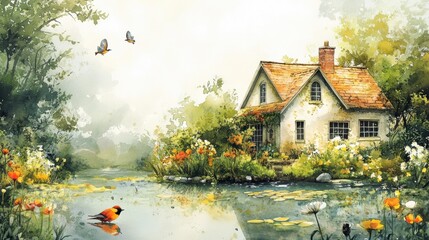 Picturesque cottage by a serene pond surrounded by vibrant flowers and butterflies.