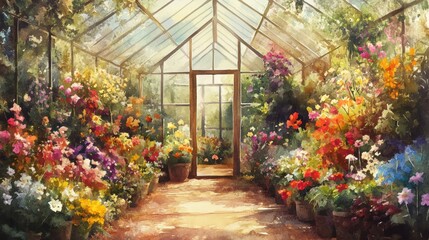Fototapeta premium Vibrant greenhouse filled with colorful flowers, sunny atmosphere, lush green surroundings.
