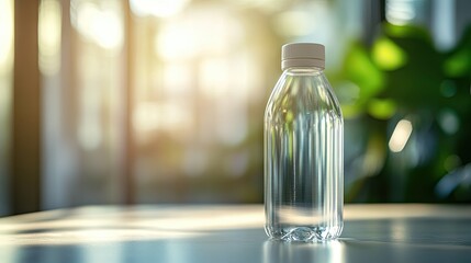 Close-up of a water bottle with a flip-top cap on a clean table, with plenty of background space for text.
