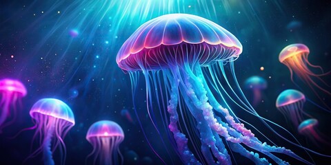 Fototapeta premium Glowing jellyfish illuminating the dark deep sea, nature, bioluminescence, phosphorescent, luminescent, deep sea, marine wildlife, marine organism, tranquil, colorful, environment