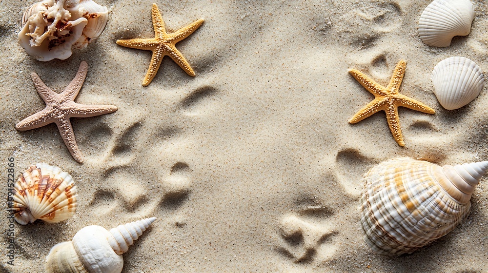 Poster Top view of a sandy beach texture with imprints of exotic seashells and starfish as natural textured background : Generative AI
