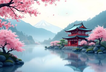 Obraz premium Japan traditional sumi-e painting. Fuji mountain, sakura, sunset. Japan sun. Indian ink illustration. Japanese picture. 