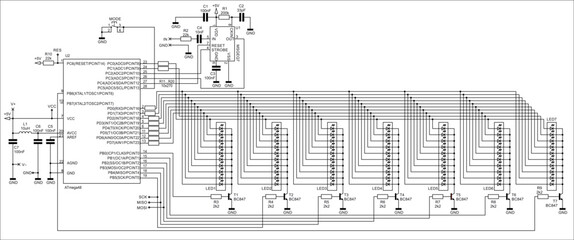 Schematic diagram of electronic device on white sheet of paper.  Vector drawing electrical circuit with led indicator, 
integrated circuit, microcontroller, 
capacitor, resistor, transistor, other.