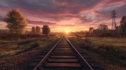 Obraz premium A quiet country scene with wooden train tracks leading into the sunset, capturing the tranquility and charm of rural railways.