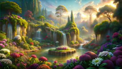 Magical garden landscape, vibrant flowers, cascading waterfalls, serene pond, fairytale castle background with copy space