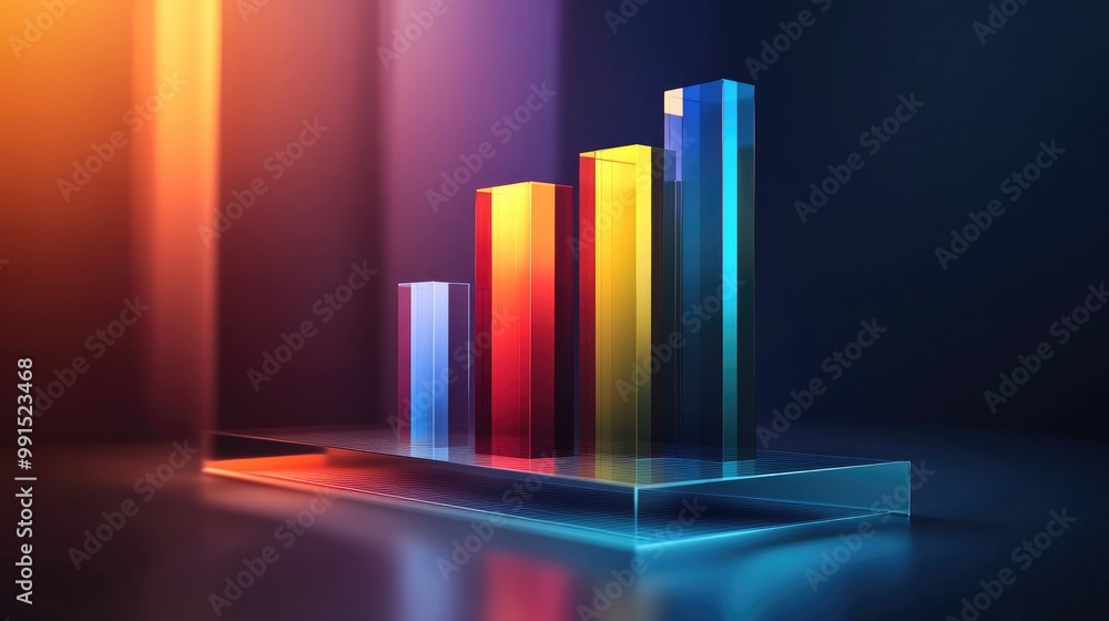 Poster a realistic 3d bar chart rising from a transparent glass platform, with each bar cast in different c