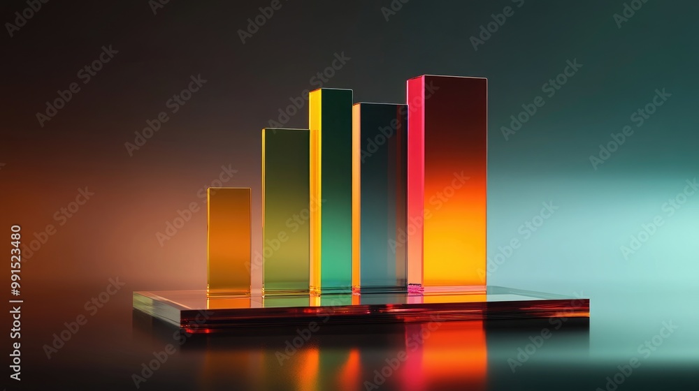 Poster a realistic 3d bar chart rising from a transparent glass platform, with each bar cast in different c