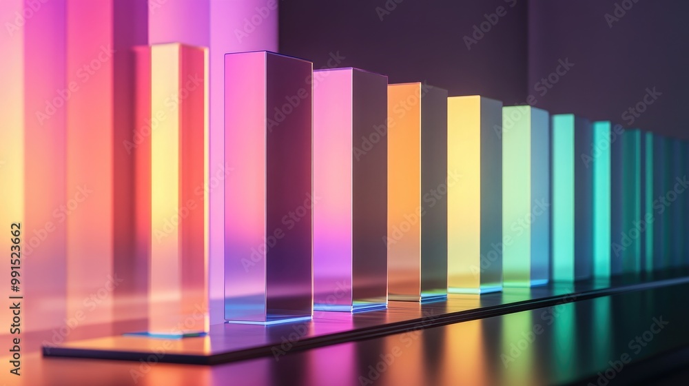 Poster a realistic 3d bar chart rising from a transparent glass platform, with each bar cast in different c