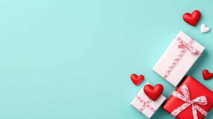 Fototapeta na wymiar Colorful gifts and hearts arranged on a bright background, perfect for celebrating love and special occasions in vibrant style