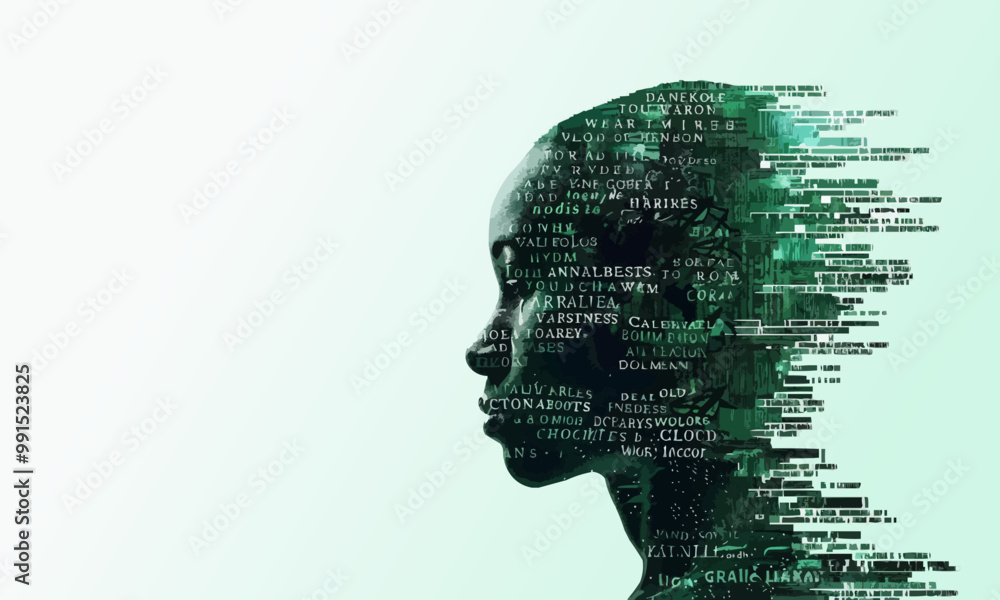 Poster silhouette of an emerald man made from text arranged in vertical lines across
