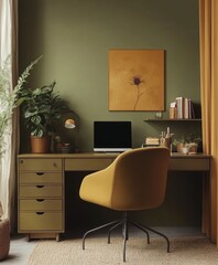 A workspace with warm earth brown walls, sage green furniture, and mustard yellow accents, creating a cozy and inspiring environment